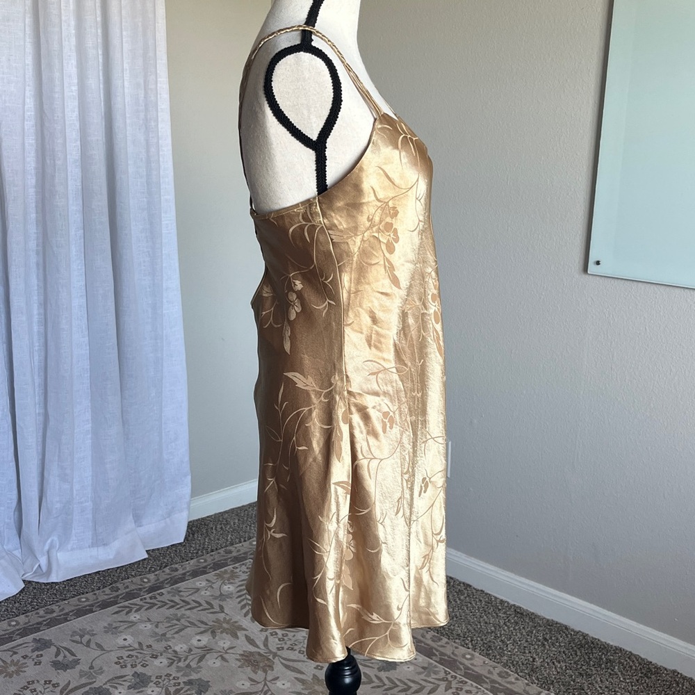 Inner Most Gold Satin Floral Jacquard Slip Dress Braided Strappy Cross Back M - Picture 4 of 8